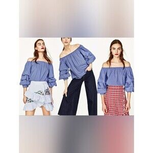 Zara Blue Off-Shoulder Tiered Ruffle Sleeve Top